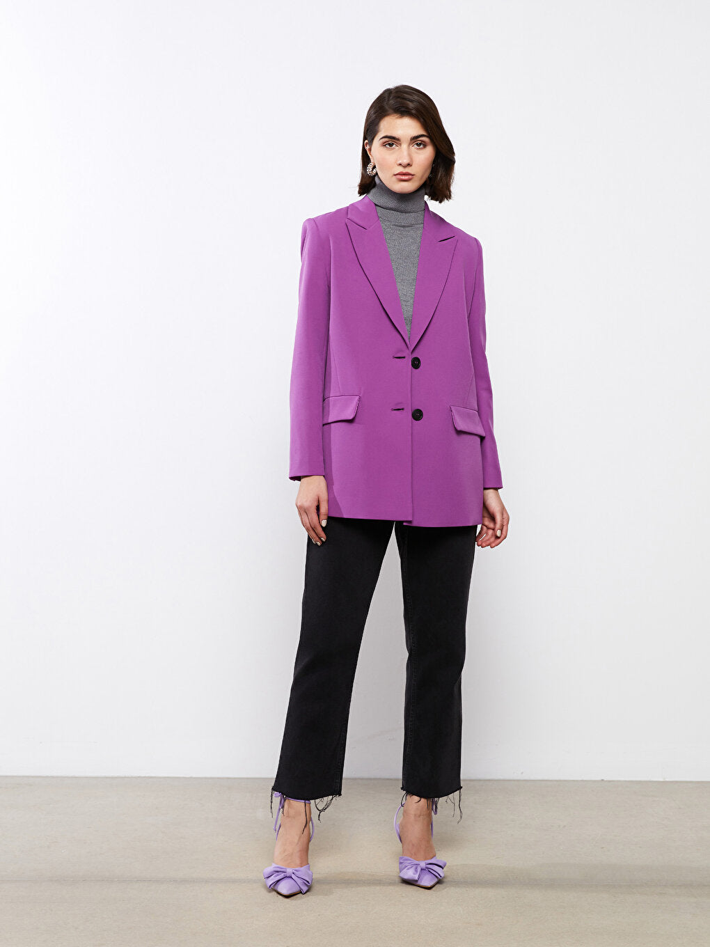 Front Button Closure Plain Long Sleeve Women's Blazer Jacket