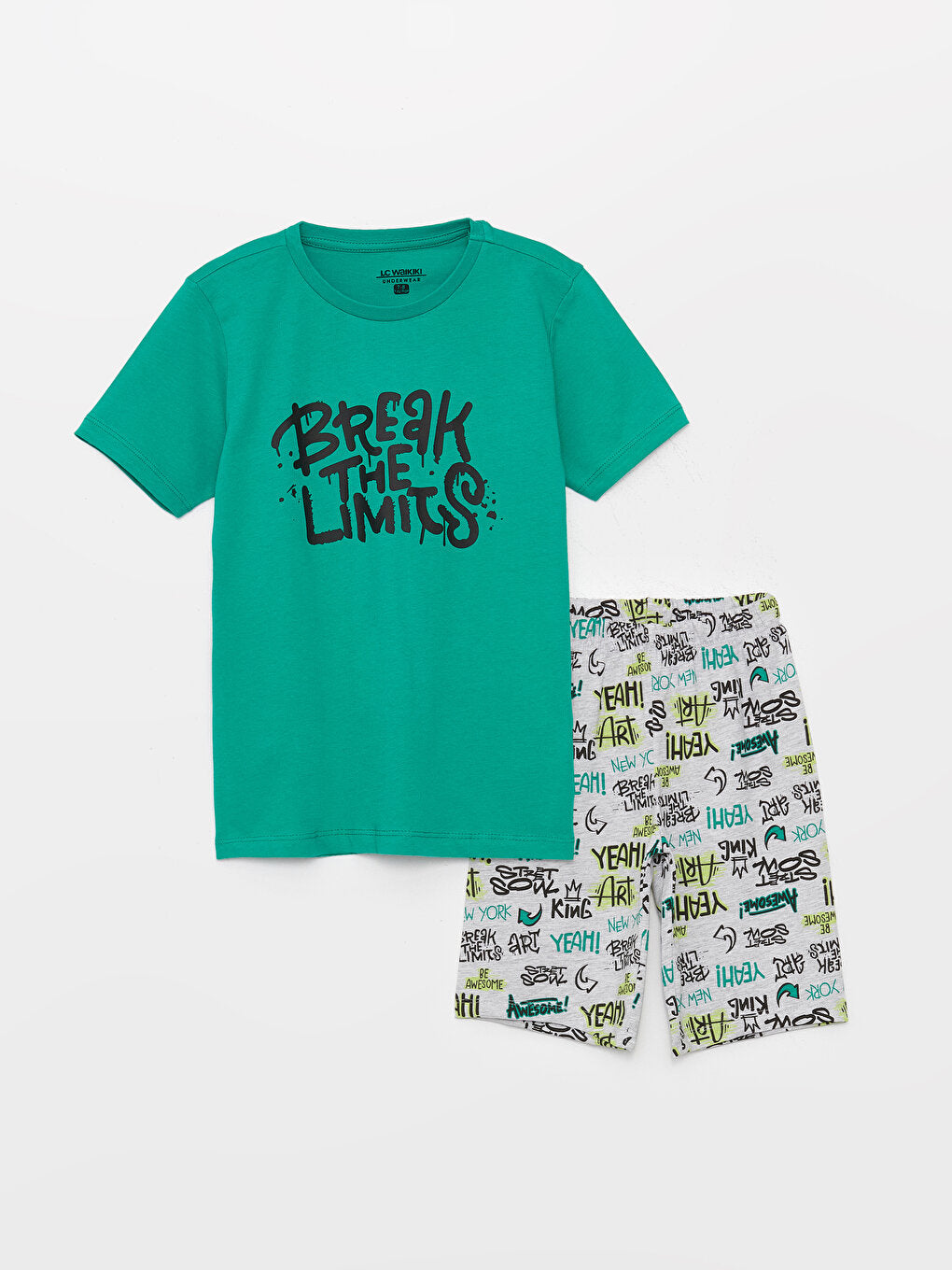 Crew Neck Printed Short Sleeve Boy's Pajama Set with Shorts