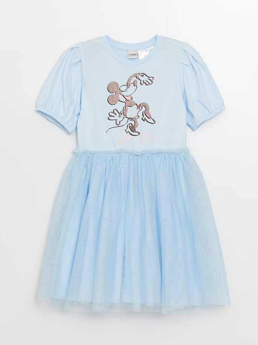 Crew Neck Mickey Mouse Printed Girl's Dress