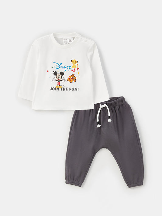 Crew Neck Mickey Mouse Printed Baby Boy Snap-On Body and Pants