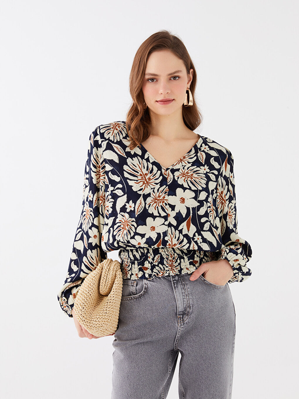 V-Neck Floral Long Sleeve Women's Blouse