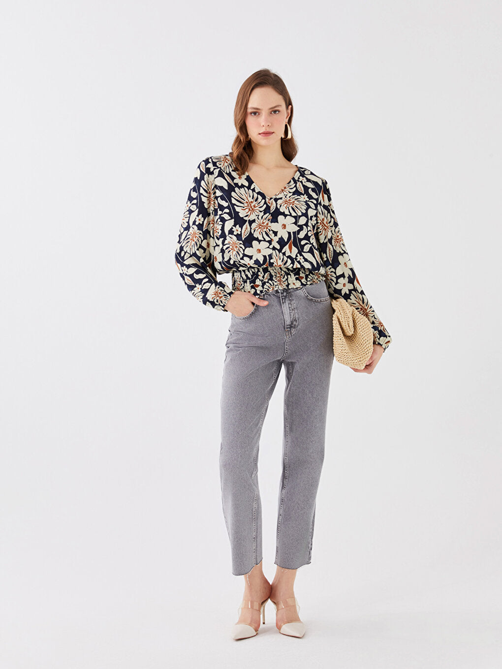 V-Neck Floral Long Sleeve Women's Blouse