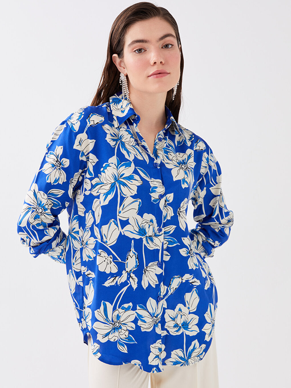 Floral Long Sleeve Satin Oversize Women's Shirt