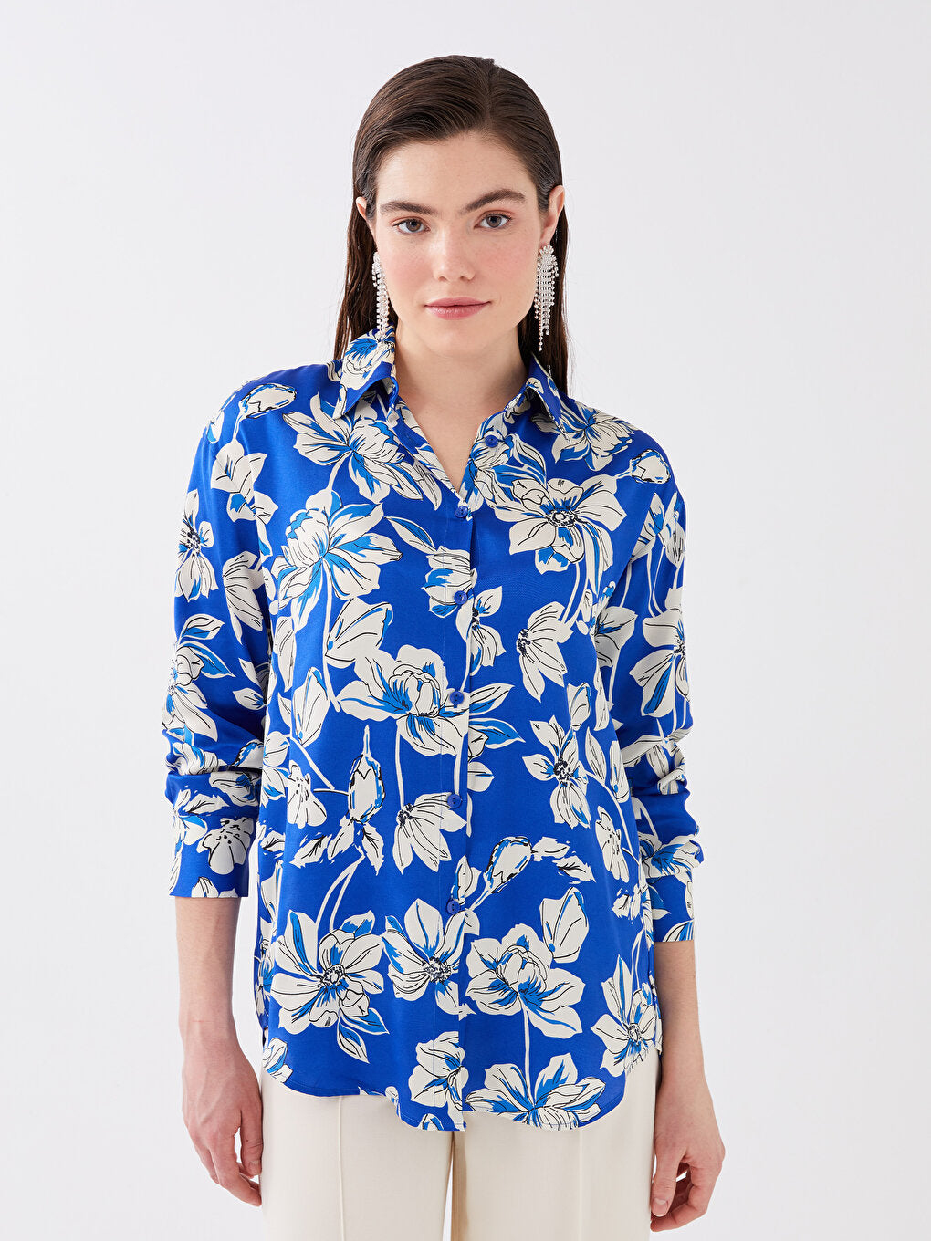 Floral Long Sleeve Satin Oversize Women's Shirt