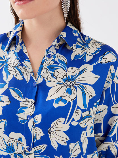 Floral Long Sleeve Satin Oversize Women's Shirt