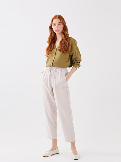 Plain Linen Blend Women's Trousers with Elastic Waist