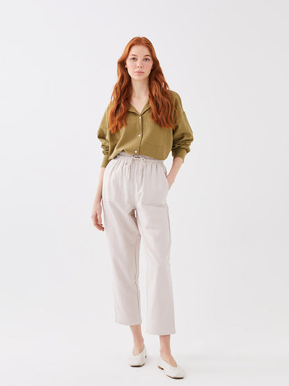 Plain Linen Blend Women's Trousers with Elastic Waist