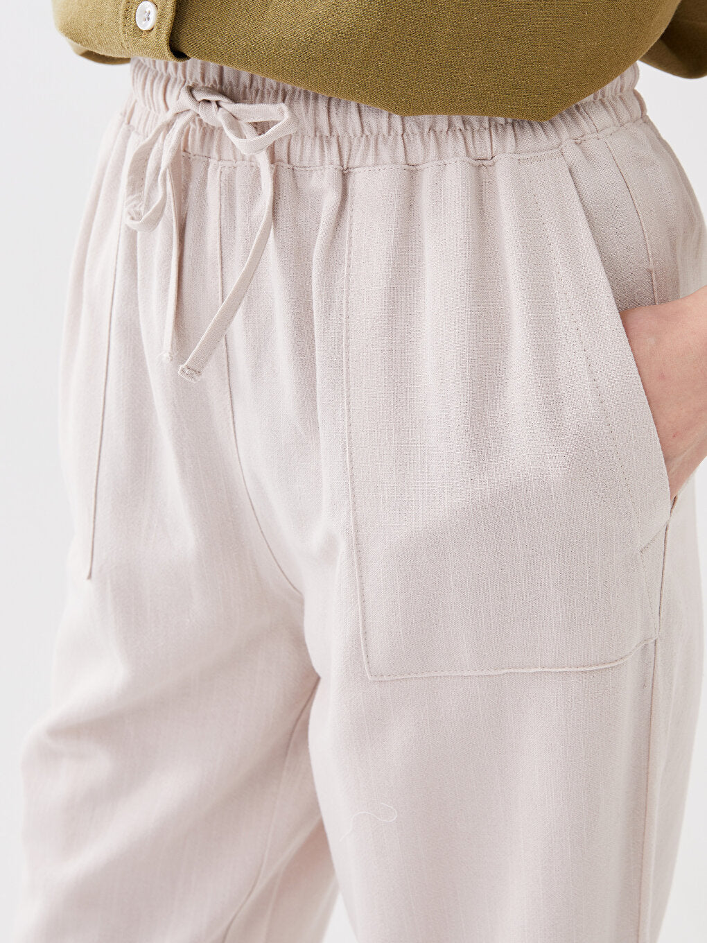 Plain Linen Blend Women's Trousers with Elastic Waist