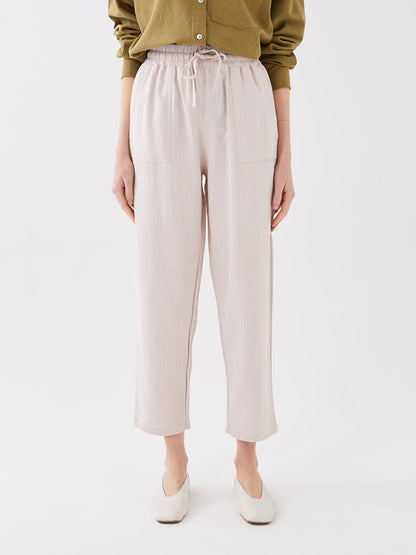 Plain Linen Blend Women's Trousers with Elastic Waist