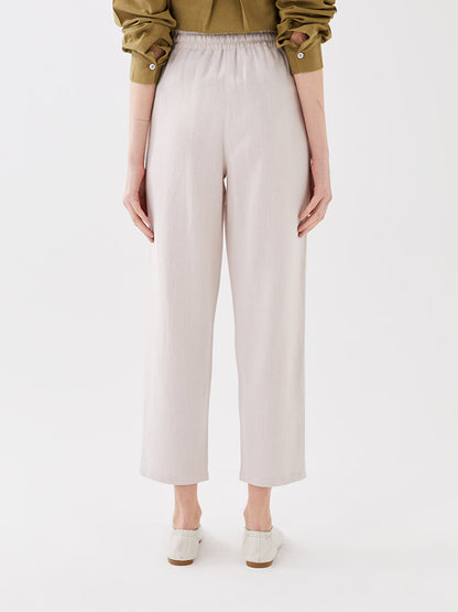 Plain Linen Blend Women's Trousers with Elastic Waist