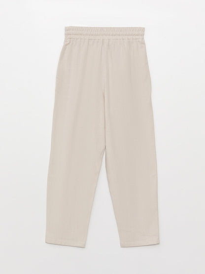 Plain Linen Blend Women's Trousers with Elastic Waist