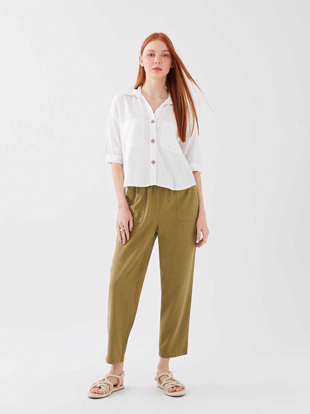 Plain Linen Blend Women's Trousers with Elastic Waist