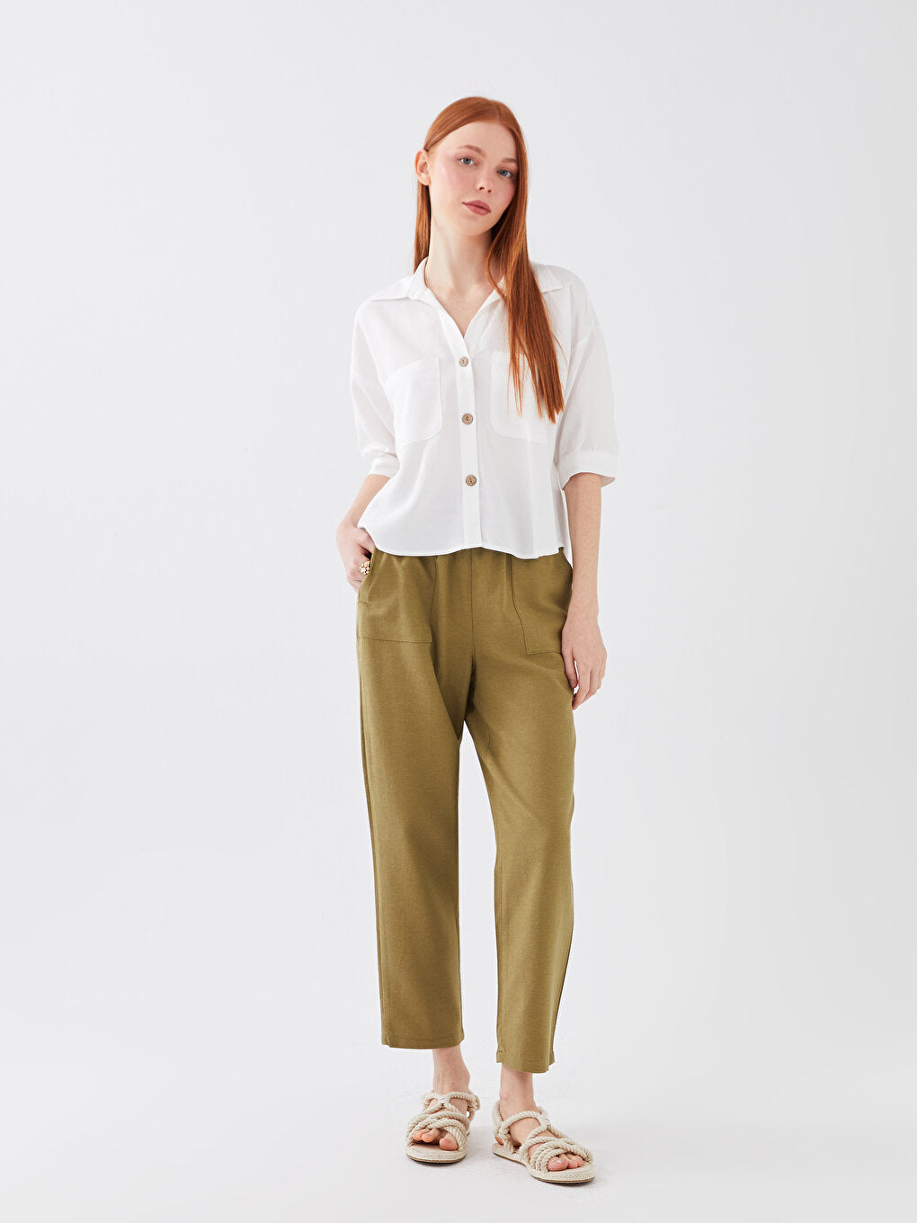 Plain Linen Blend Women's Trousers with Elastic Waist