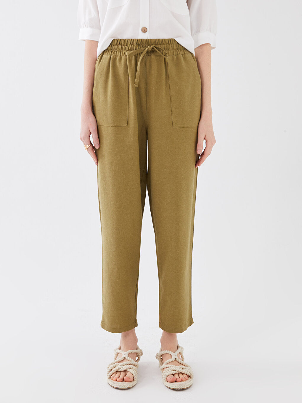 Plain Linen Blend Women's Trousers with Elastic Waist