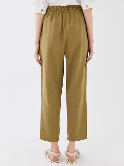 Plain Linen Blend Women's Trousers with Elastic Waist