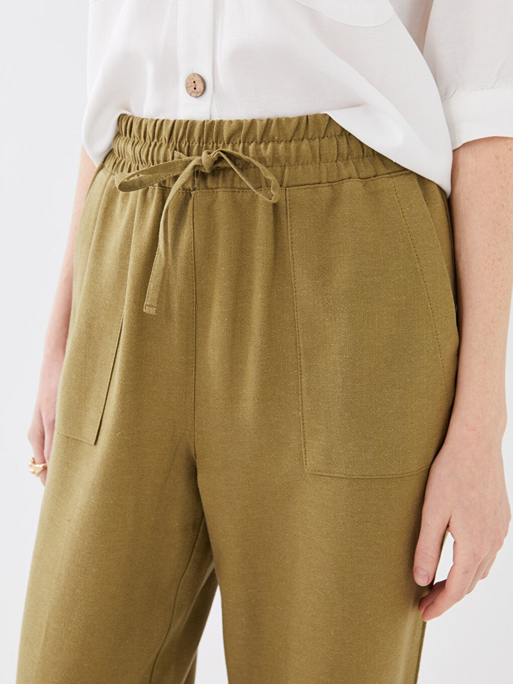 Plain Linen Blend Women's Trousers with Elastic Waist