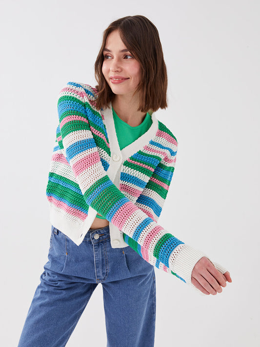 V-Neck Striped Long Sleeve Women's Knitwear Cardigan