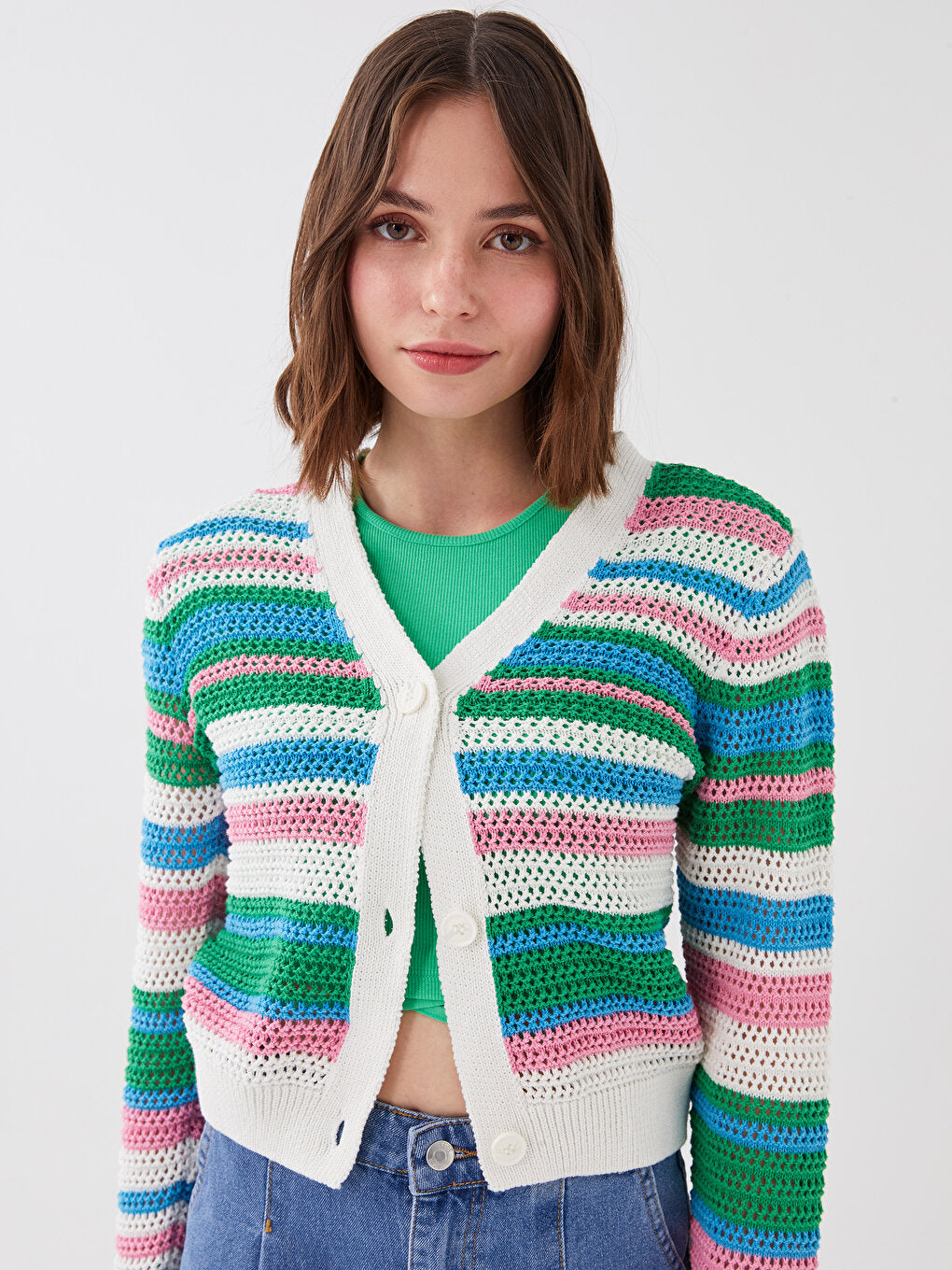 V-Neck Striped Long Sleeve Women's Knitwear Cardigan