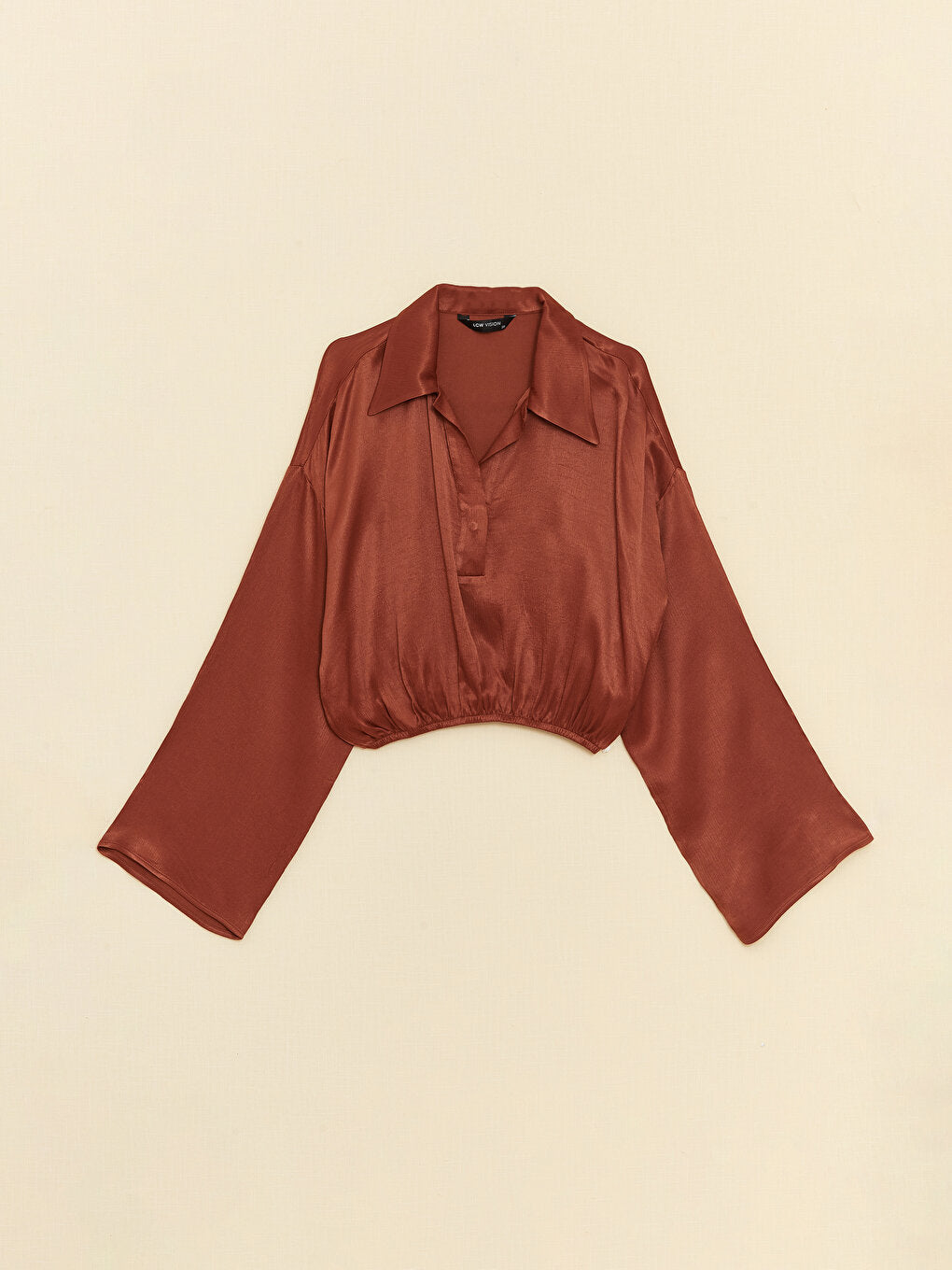 Shirt Collar Plain Long Sleeve Crop Satin Women's Blouse