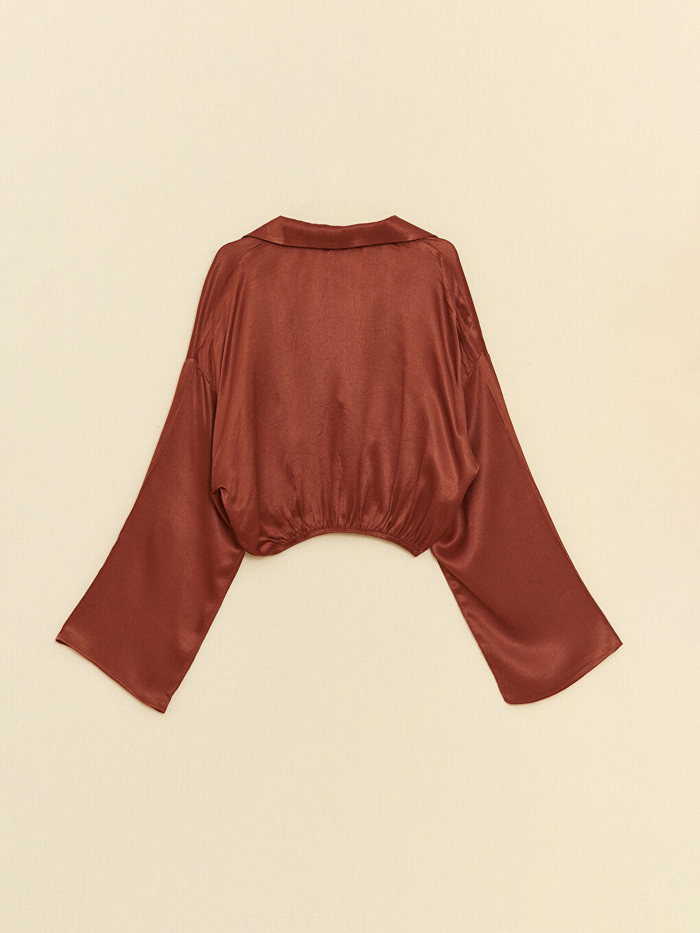 Shirt Collar Plain Long Sleeve Crop Satin Women's Blouse