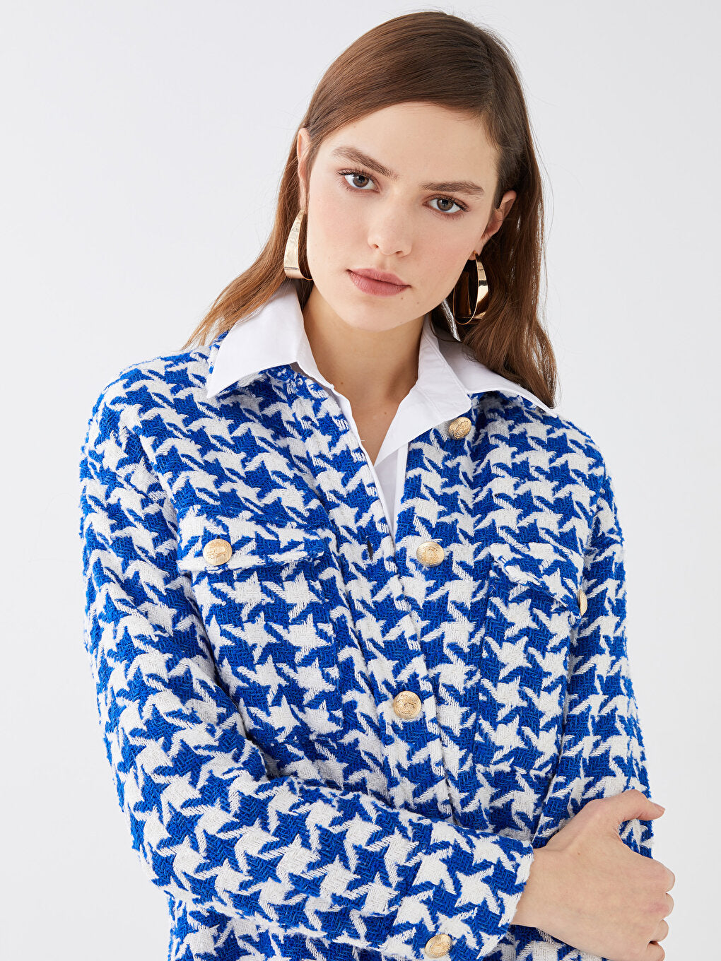 Houndstooth Patterned Women's Shirt Jacket