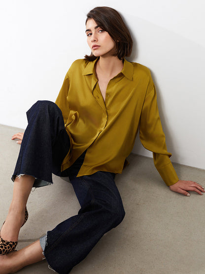 Plain Long Sleeve Oversize Satin Women's Shirt