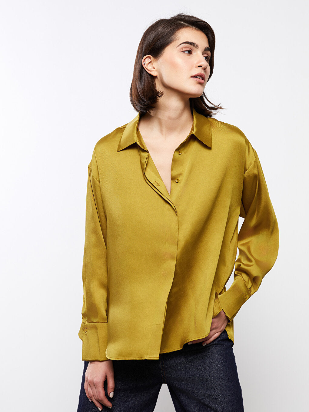 Plain Long Sleeve Oversize Satin Women's Shirt