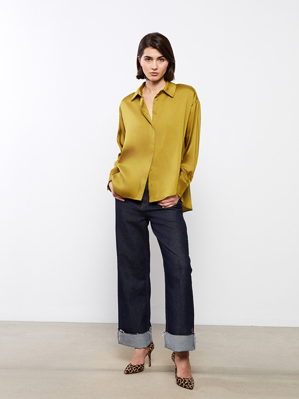 Plain Long Sleeve Oversize Satin Women's Shirt