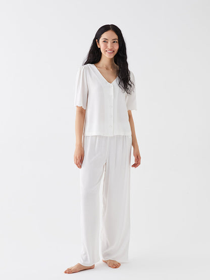 V-Neck Plain Short Sleeve Poplin Women's Pajama Set