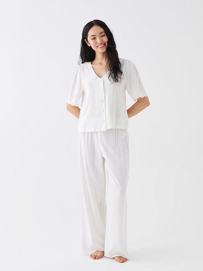 V-Neck Plain Short Sleeve Poplin Women's Pajama Set