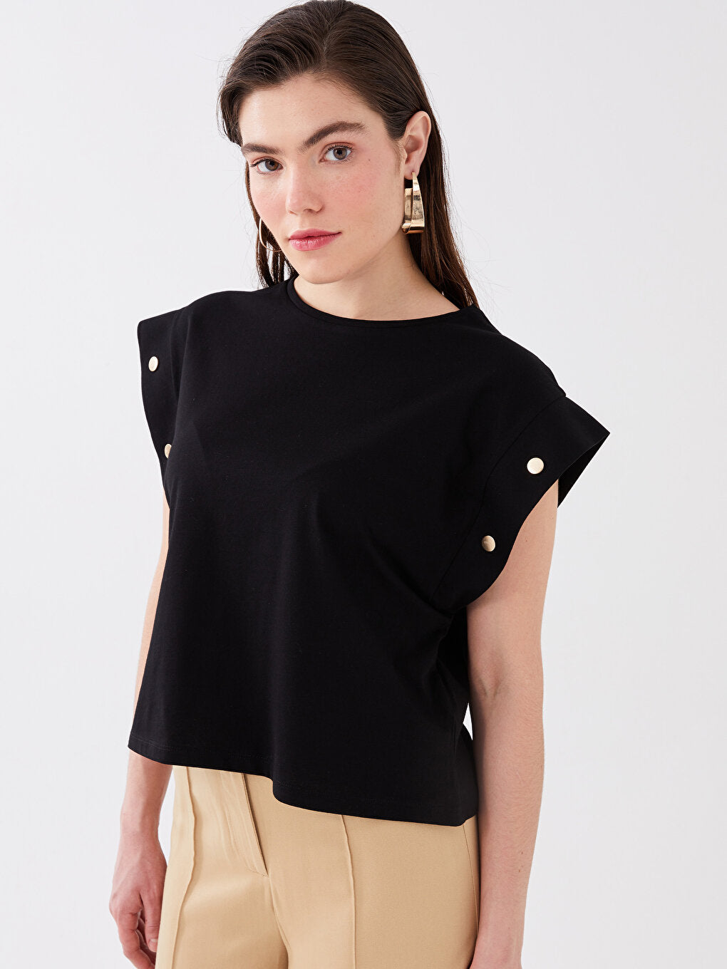 Crew Neck Plain Short Sleeve Women's Blouse