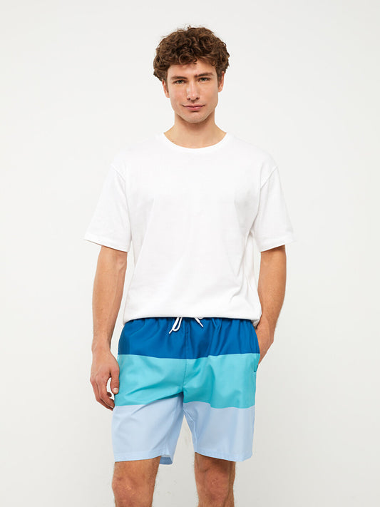 Knee-Length Color Blocked Men's Swim Shorts