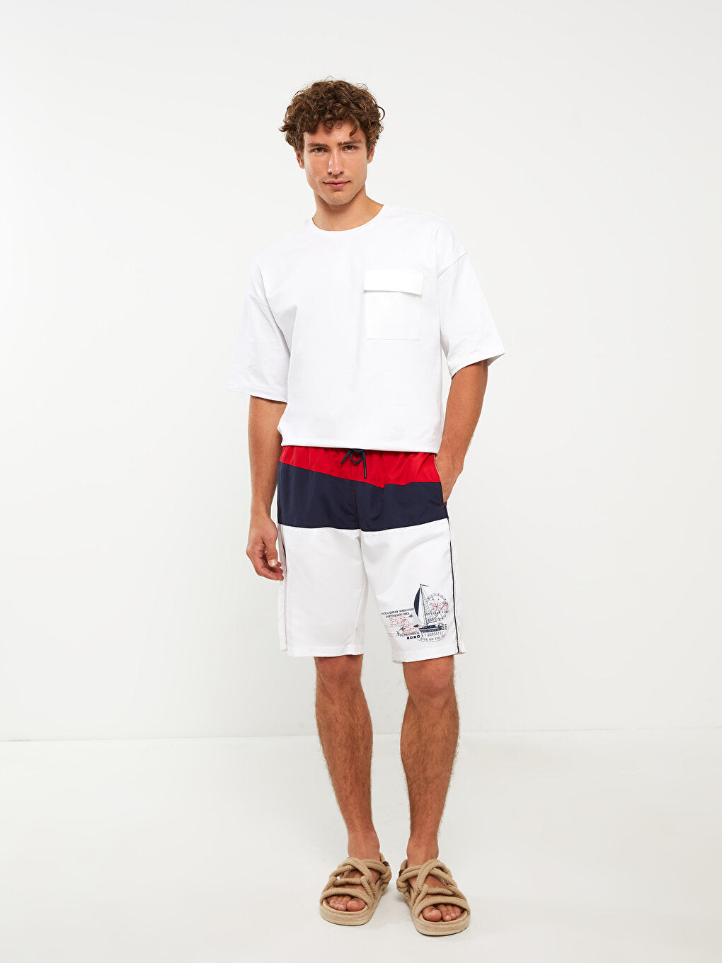 Knee-Length Color Blocked Men's Swim Shorts