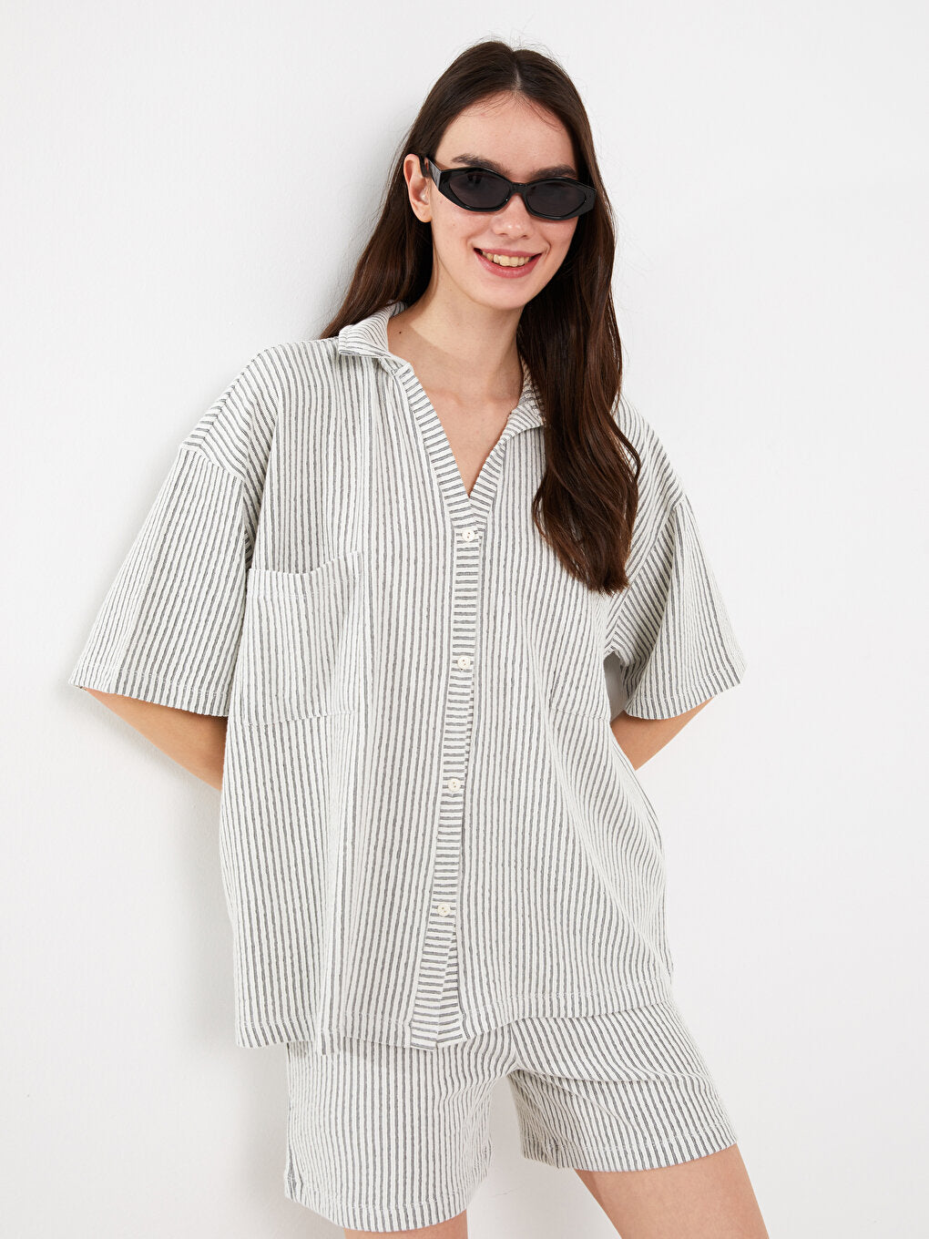 Striped Short Sleeve Oversize Women's Shirt