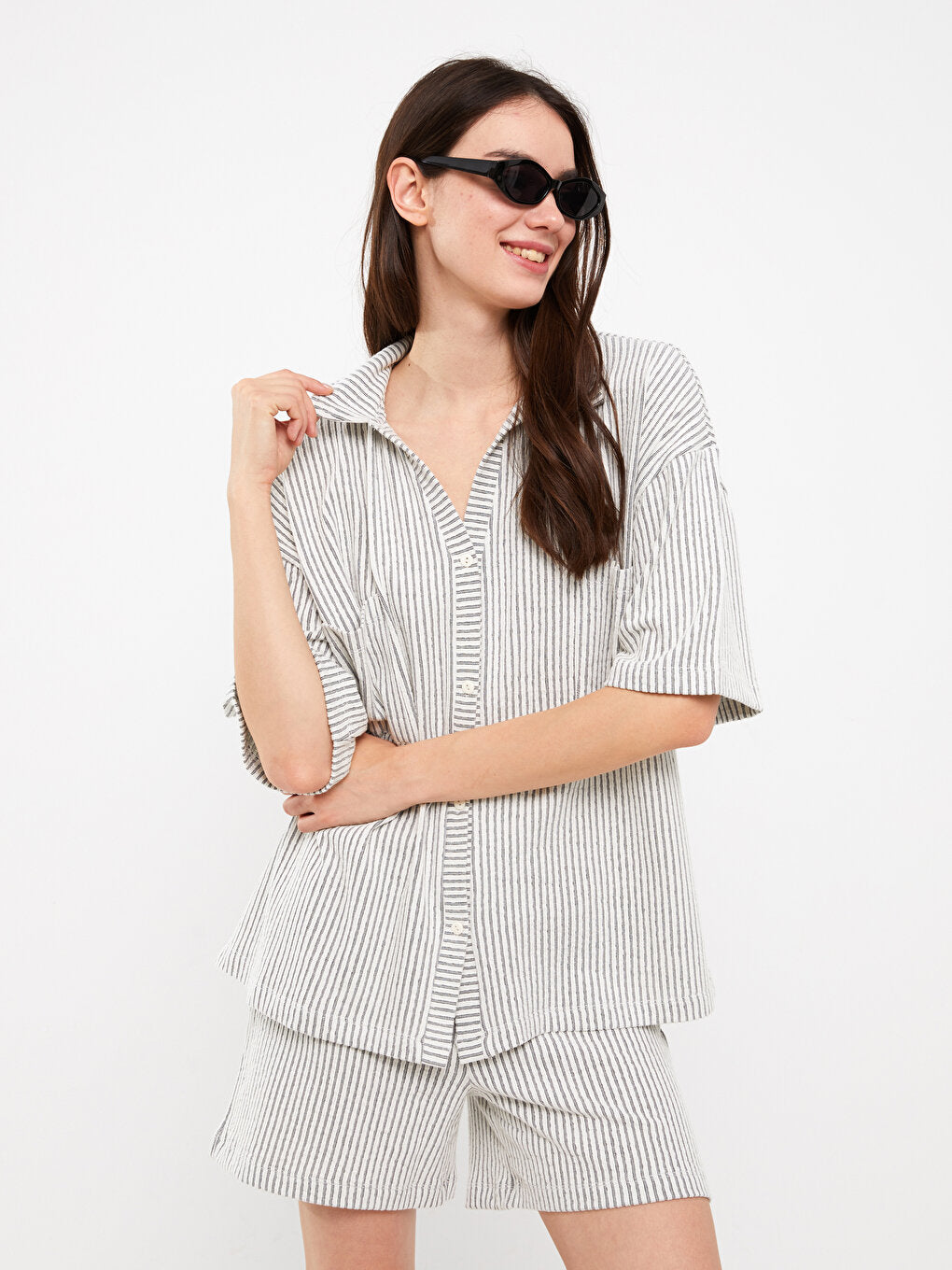 Striped Short Sleeve Oversize Women's Shirt