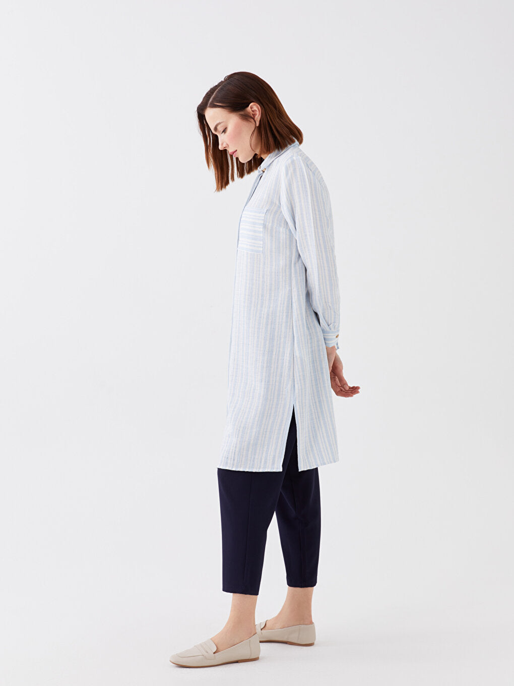 Striped Long Sleeve Linen Blend Women's Shirt Tunic