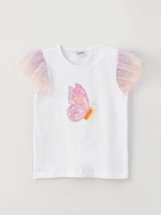 Crew Neck Sequin Embroidered Short Sleeve Girl's T-Shirt