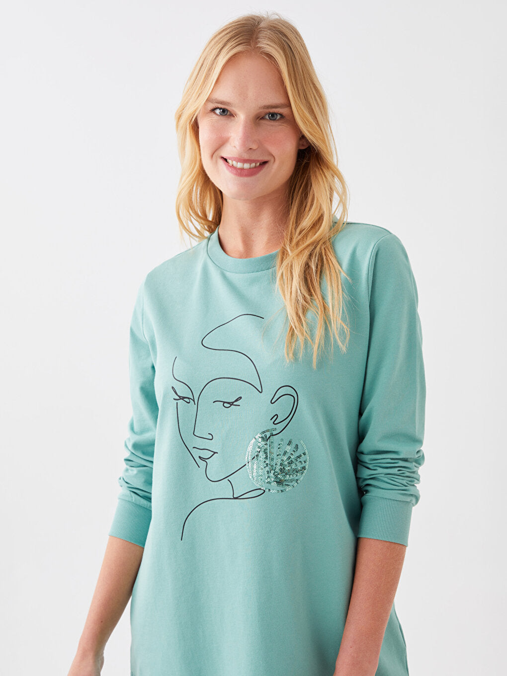 Crew Neck Printed Long Sleeve Women's Sweatshirt Tunic