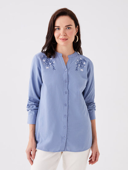 Loose Collar Embroidered Long Sleeve Women's Shirt