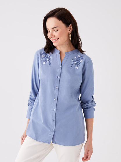 Loose Collar Embroidered Long Sleeve Women's Shirt