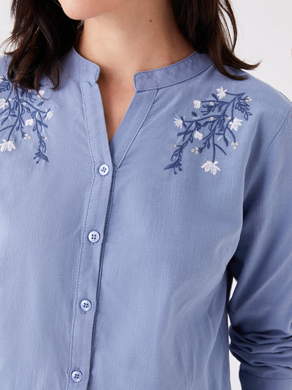 Loose Collar Embroidered Long Sleeve Women's Shirt