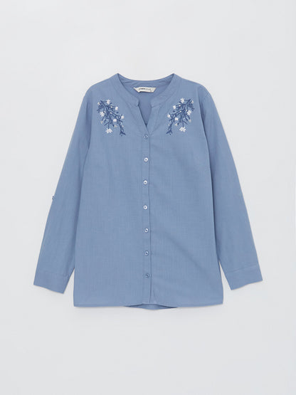 Loose Collar Embroidered Long Sleeve Women's Shirt