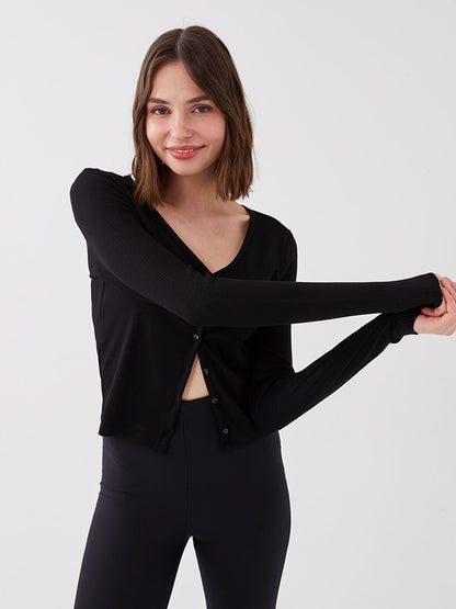 V-Neck Plain Long Sleeve Crop Women's Cardigan