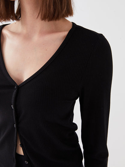 V-Neck Plain Long Sleeve Crop Women's Cardigan