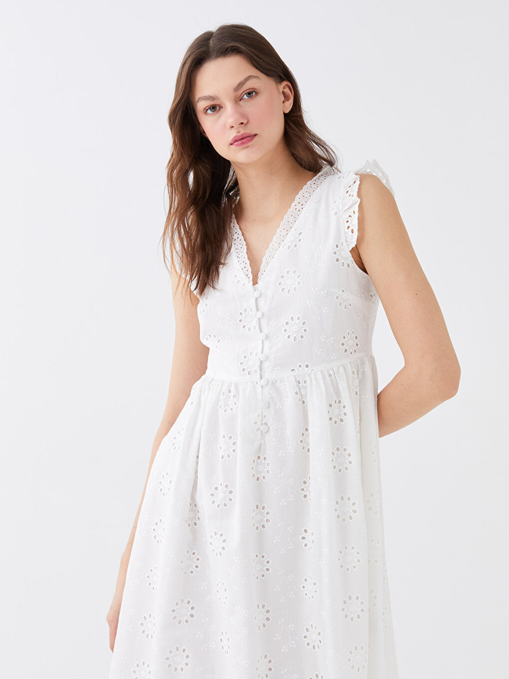 V-Neck Self-Patterned Embroidery Women's Dress