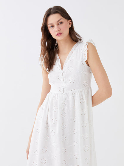 V-Neck Self-Patterned Embroidery Women's Dress