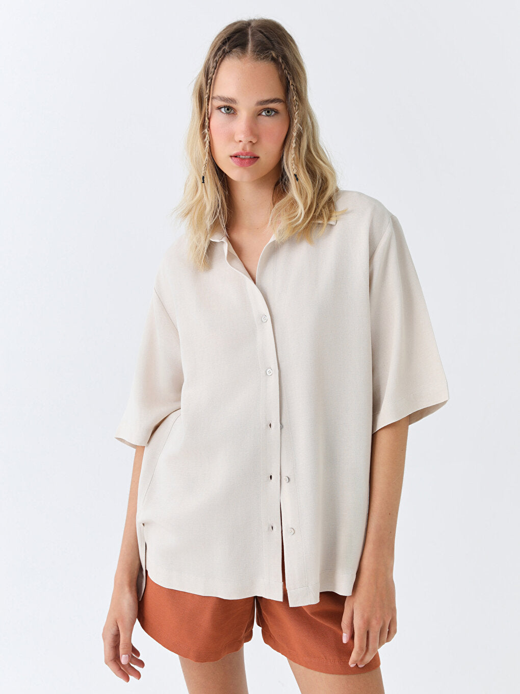 Plain Short Sleeve Oversize Linen Blend Women's Shirt