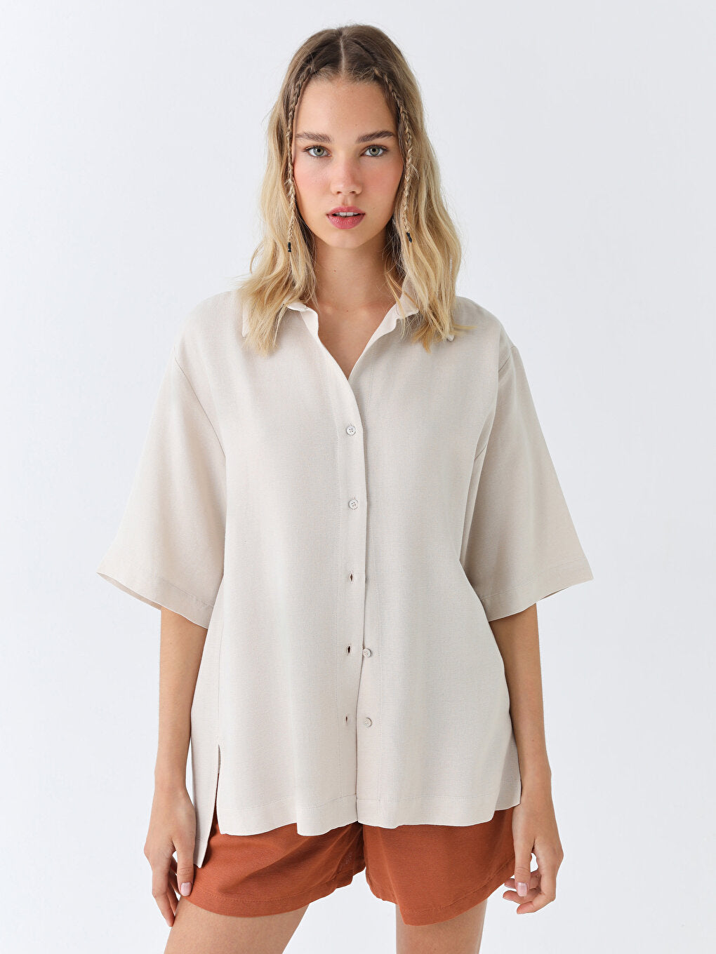 Plain Short Sleeve Oversize Linen Blend Women's Shirt