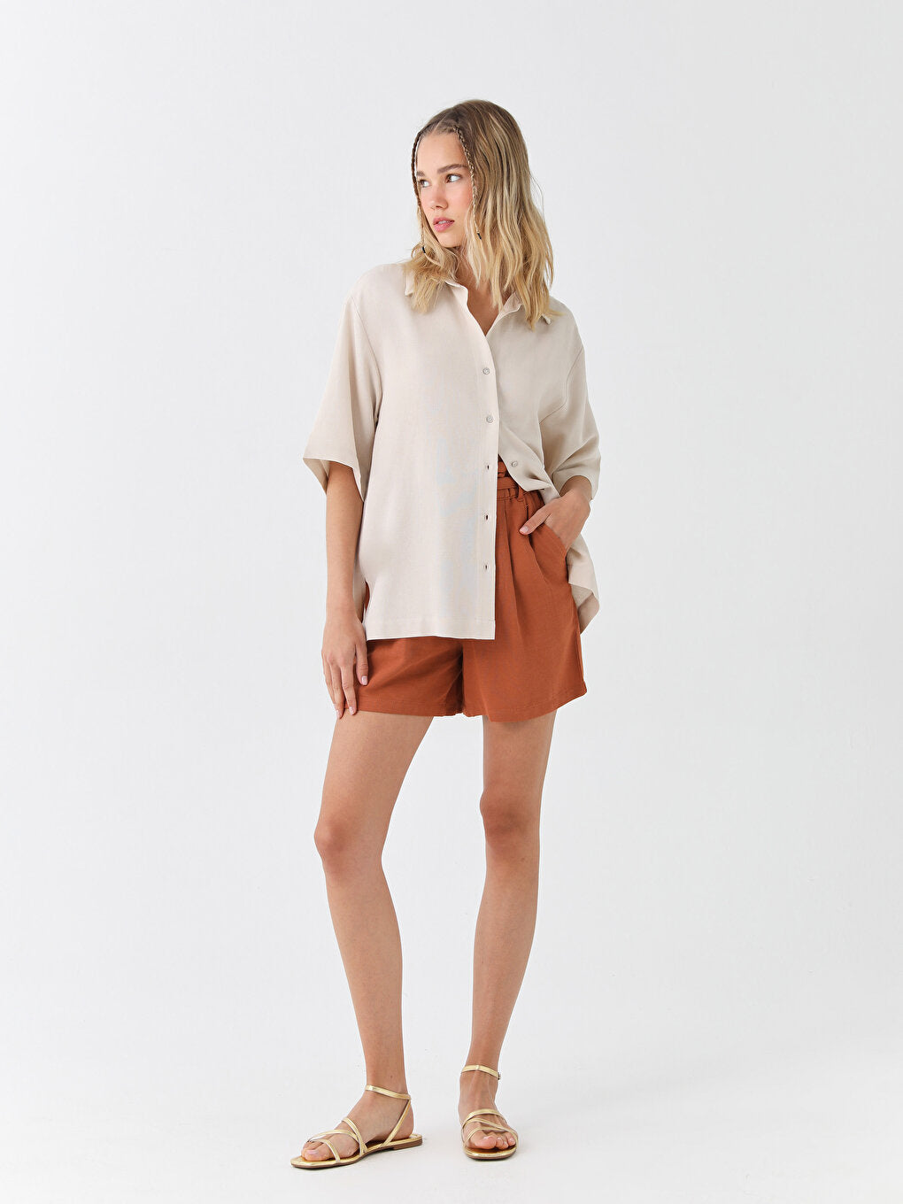 Plain Short Sleeve Oversize Linen Blend Women's Shirt