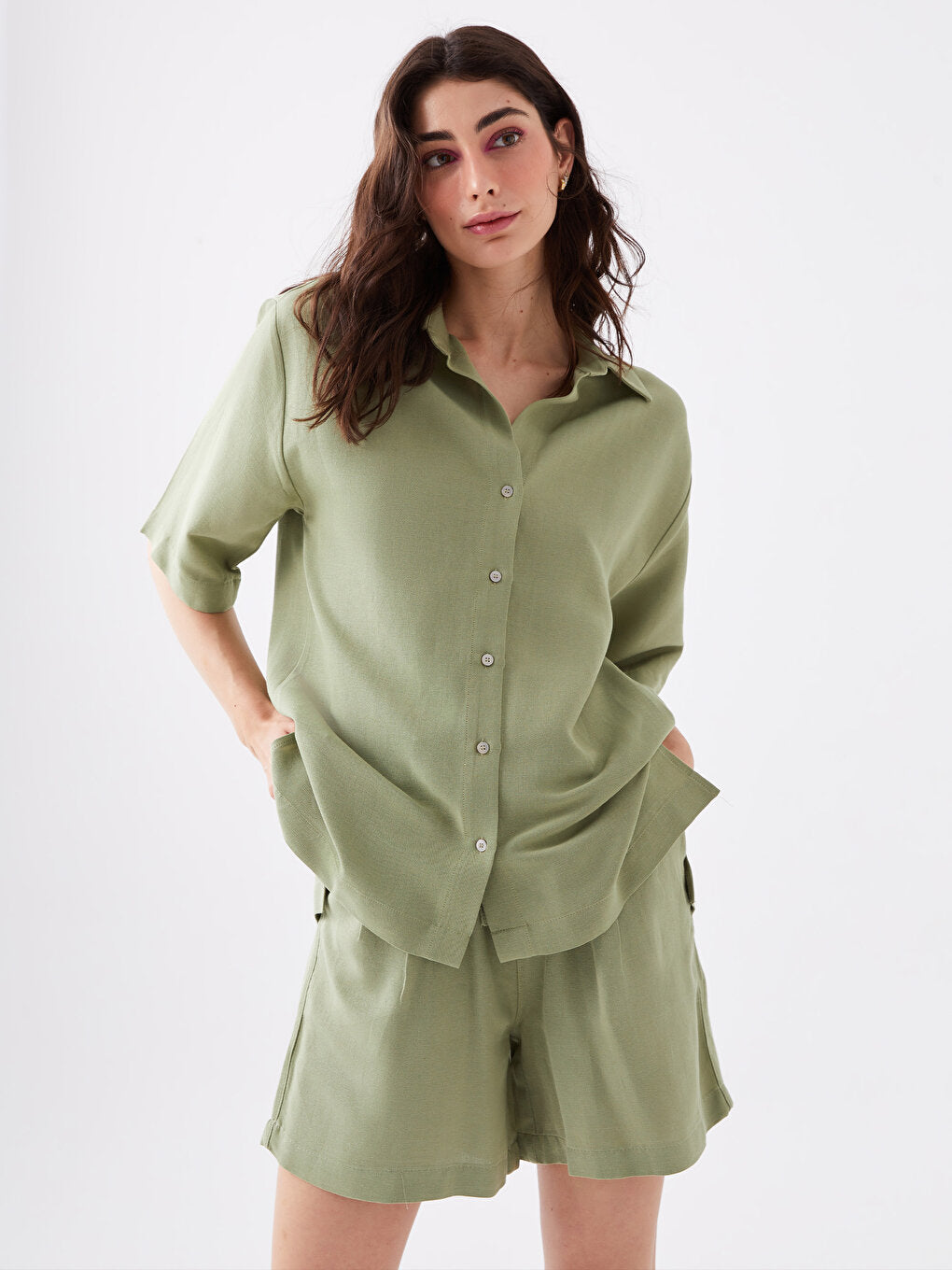 Plain Short Sleeve Oversize Linen Blend Women's Shirt